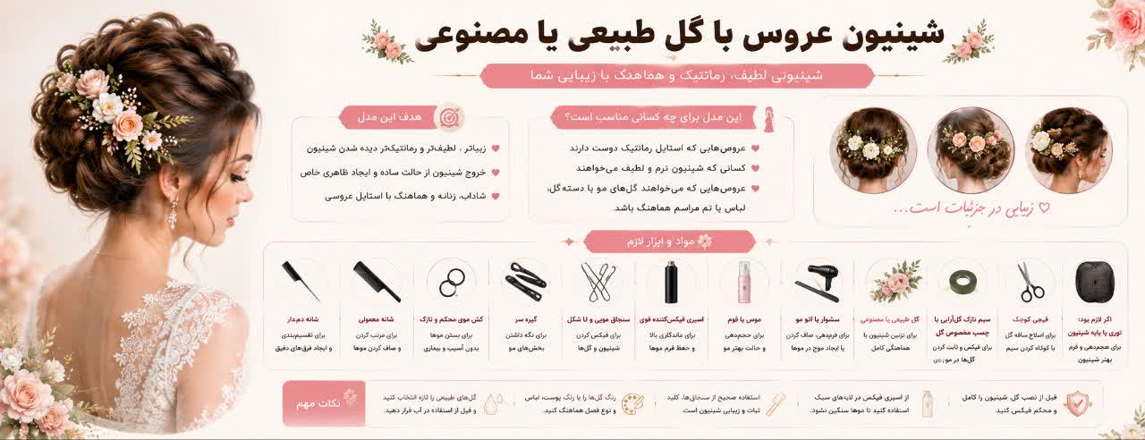 شینیون عروس با گل طبیعی یا مصنوعی